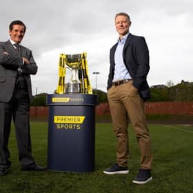Tosh McKinlay (L) and Stephen Craigan are pictured as the draw is made for the first round of the 2021/22 Premier Sports Cup. (Photo by Alan Harvey / SNS Group)