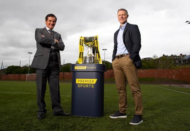 Tosh McKinlay (L) and Stephen Craigan are pictured as the draw is made for the first round of the 2021/22 Premier Sports Cup. (Photo by Alan Harvey / SNS Group)