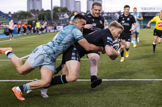 Glasgow Warriors' Kyle Steyn scores his side's second try during the Rainbow Cup match against Leinster at Scotstoun. Picture: Alan Harvey/SNS