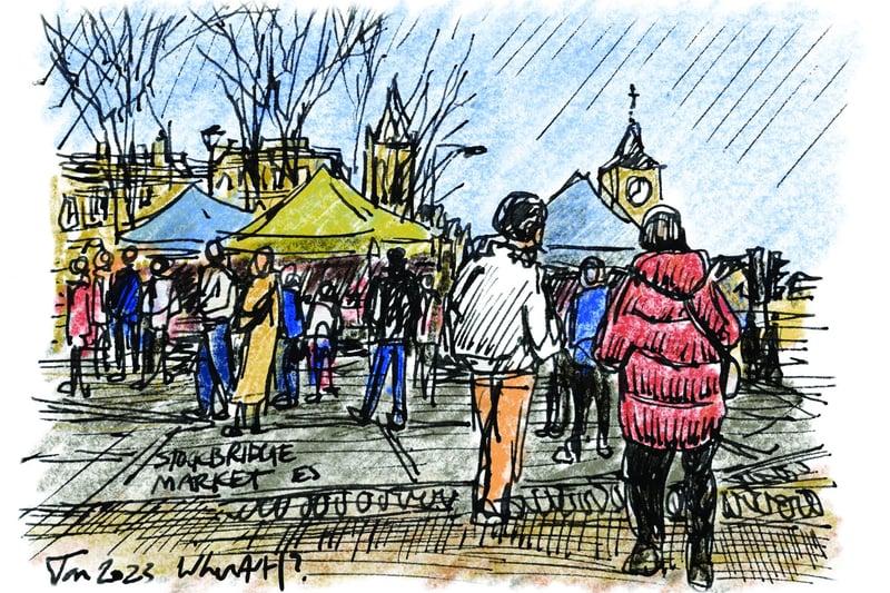 I like the colours and the movement in this street sketch of the Sunday market. I tried to capture the hustle and bustle, looking for shapes and shading from the clothing and market stalls rather than concentrating too much on fine detail.