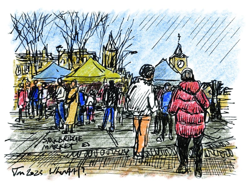 I like the colours and the movement in this street sketch of the Sunday market. I tried to capture the hustle and bustle, looking for shapes and shading from the clothing and market stalls rather than concentrating too much on fine detail.