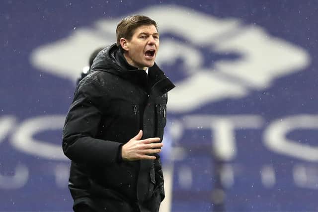 Steven Gerrard passes on instructions to his players during his 100th win as Rangers manager when St Johnstone were beaten 1-0 at Ibrox on Wednesday. (Photo by Ian MacNicol/Getty Images)