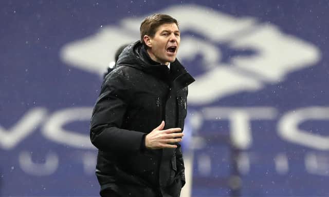 Steven Gerrard passes on instructions to his players during his 100th win as Rangers manager when St Johnstone were beaten 1-0 at Ibrox on Wednesday. (Photo by Ian MacNicol/Getty Images)