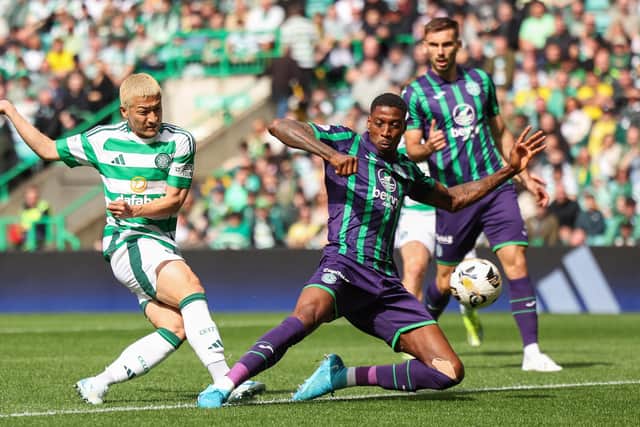 Daizen Maeda scores Celtic's opener in the Premier Sports Cup win over Hibs. (Photo by Ross MacDonald / SNS Group)