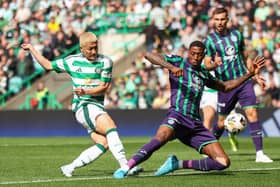 Daizen Maeda scores Celtic's opener in the Premier Sports Cup win over Hibs. (Photo by Ross MacDonald / SNS Group)