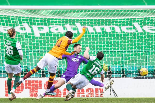 Devante Cole scores to give Motherwell a 2-0 victory over a disappointing Hibs team at Easter Road. Photo by Mark Scates / SNS Group
