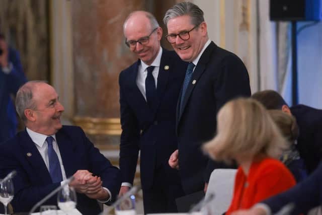 Sir Keir Starmer with, from left, Ireland's Taoiseach Micheal Martin and Luxembourg's Prime Minister Luc Frieden at the European Union leaders' informal retreat (Picture: Olivier Hoslet/Pool/AFP/Getty Images)