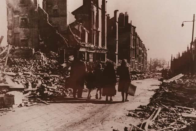 Evacuating Radnor Street, Clydebank, one morning after the Clydebank Blitz.