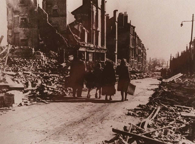 Evacuating Radnor Street, Clydebank, one morning after the Clydebank Blitz.