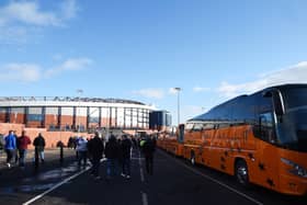 Supporters buses outside Hampden Stadium.