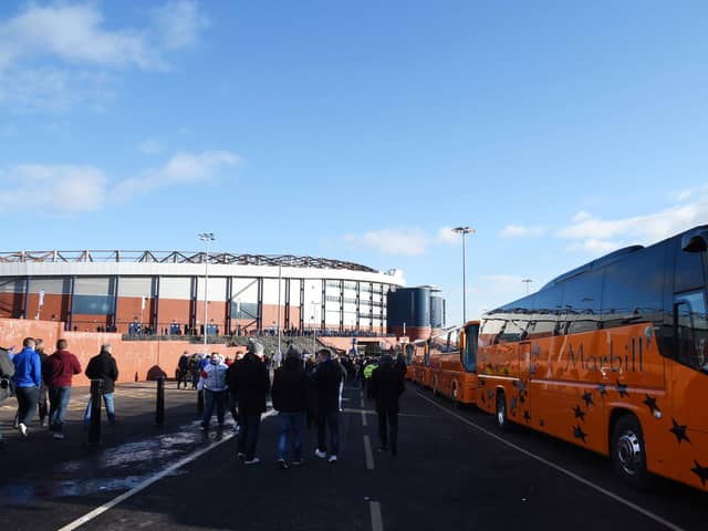 Supporters buses outside Hampden Stadium.