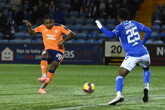 Rangers striker Alfredo Morelos scores to make it 1-1 against Kilmarnock at Rugby Park. (Photo by Rob Casey / SNS Group)
