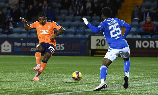 Rangers striker Alfredo Morelos scores to make it 1-1 against Kilmarnock at Rugby Park. (Photo by Rob Casey / SNS Group)