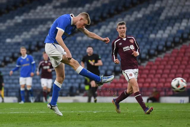 Rangers ace Rory Wilson makes it 2-0 in the Scottish Youth Cup final against Hearts with a fierce volley. (Photo by Craig Foy / SNS Group)