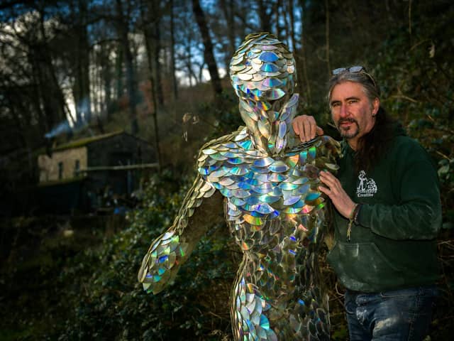 Andrew Vickers 54, built the sculpture 'Starman', at his studio in Storrs Wood near Sheffield, South Yorkshire