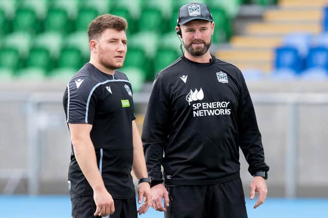 New Glasgow attack coach Nigel Carolan, right, with Duncan Weir who has returned to the club from Worcester Warriors. Picture: Ross MacDonald/SNS