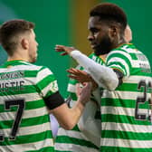 GLASGOW, SCOTLAND - DECEMBER 30: Celtic's Odsonne Edouard (right) celebrates his goal with Ryan Christie during a Scottish Premiership match between Celtic and Dundee United at Celtic Park, on December 30, 2020, in Glasgow, Scotland. (Photo by Craig Williamson / SNS Group)