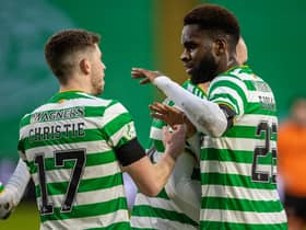 GLASGOW, SCOTLAND - DECEMBER 30: Celtic's Odsonne Edouard (right) celebrates his goal with Ryan Christie during a Scottish Premiership match between Celtic and Dundee United at Celtic Park, on December 30, 2020, in Glasgow, Scotland. (Photo by Craig Williamson / SNS Group)