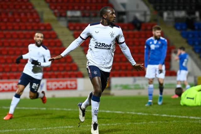 Rangers' Glen Kamara (right) celebrates making it 2-0 during a Scottish Premiership match between St Johnstone and Rangers at McDiarmid Park, on December 23, 2020, in Perth, Scotland. (Photo by Rob Casey / SNS Group)