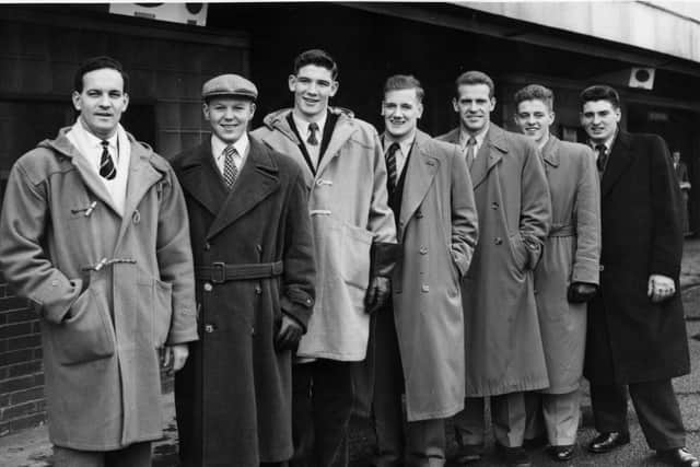 Still (second left) with the GB swimming team in 1955 on their way to a five-country contest in Moscow.