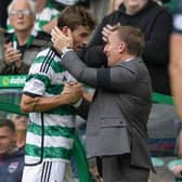 GLASGOW, SCOTLAND - AUGUST 05: Celtic manager Brendan Rodgers and Matt O'Riley during a cinch Premiership match between Celtic and Ross County at Celtic Park, on August 05, 2023, in Glasgow, Scotland. (Photo by Craig Foy / SNS Group)