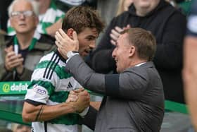 GLASGOW, SCOTLAND - AUGUST 05: Celtic manager Brendan Rodgers and Matt O'Riley during a cinch Premiership match between Celtic and Ross County at Celtic Park, on August 05, 2023, in Glasgow, Scotland. (Photo by Craig Foy / SNS Group)