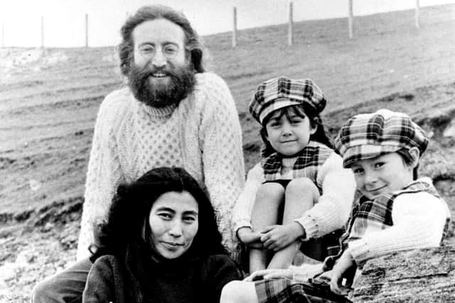 John Lennon and his wife Yoko Ono with their children by previous marriages, John's son Julian, 6, and Yoko's daughter Kyoko, 5, in Sutherland, 1969.
