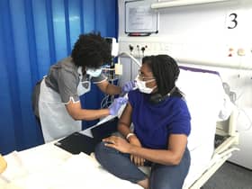 UK equalities minister Kemi Badenoch receives her first vaccination as part of the Novavax phase 3 trial at Guy's and St Thomas' hospital in London, following a call for more volunteers from ethnic minority communities. (Picture: PA)