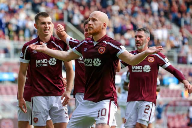 Hearts celebrate after their 3-0 win over Livingston.