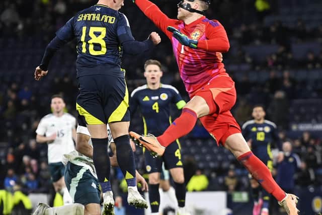 Lawrence Shankland came close with this header right at the death.
