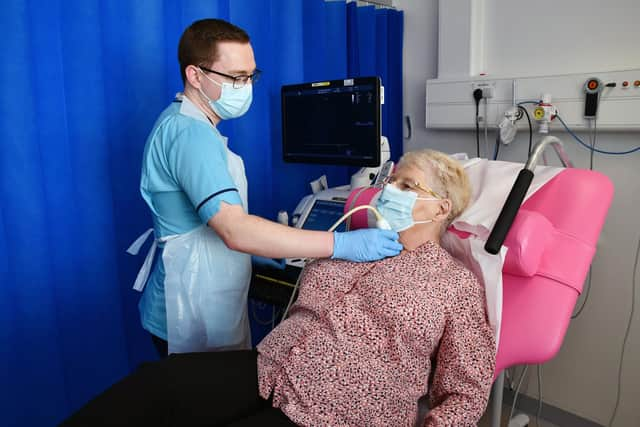 Anne Bell with Mark Wilson, Highly Specialist Cardiac Physiologist, at one of her regular health checks at Forth Valley Royal Hospital