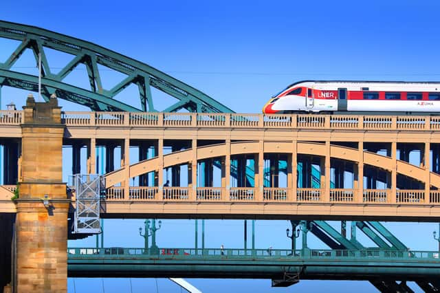 Crossing the River Tyne at Newcastle with views of the 1928 through-arch Tyne Bridge, designed by the firm that would later design the Forth Road Bridge and the 2001 Millennium Bridge, known locally as the 'winking eye'.