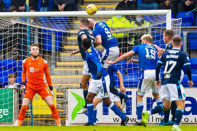 The blues from Perth won the battle of the blues - but Dundee did at least score their first goal since August from this Ryan Sweeney header (Photo by Roddy Scott / SNS Group)
