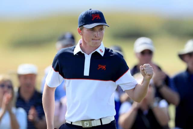 Sandy Scott celebrates a birdie against Brandon Wu during the afternoon singles matches on the final day of the 2019 Walker Cup at Royal Liverpool. Picture: David Cannon/Getty Images.