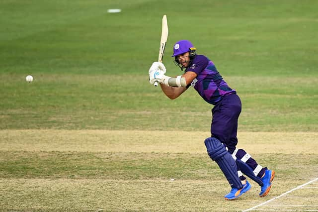 Kyle Coetzer of Scotland plays a shot during the ICC Men's T20 World Cup match between New Zealand and Scotland.