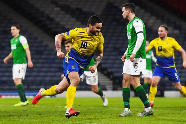 Craig Conway wheels away in celebration after scoring St Johnstone's final goal in their 3-0 victory over Hibs in the Betfred Cup semi-final. Photo by Ross MacDonald/SNS Group