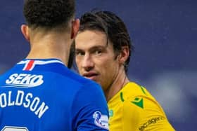 Hibernian's Joe Newell and Rangers' Connor Goldson during the Scottish Premiership match. (Photo by Rob Casey / SNS Group)