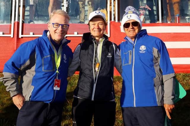 David Williams, right, and Keith Pelley with two-time Solheim Cup-winning captain Catrion Matthew at this year's Ryder Cup at Whistling Straits in Wisconsin. Picture: Andrew Redington/Getty Images.