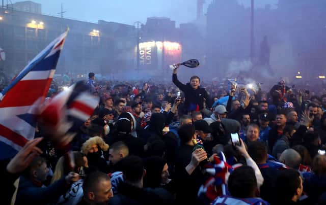 Rangers fans celebrated in George Square after their side won the Scottish Premiership title.