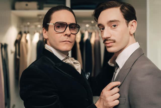 Daniel Bruhl (left) as Karl Lagerfeld and Theodore Pellerin as Jacques de Bascher. Picture: Disney+