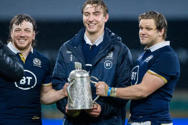 Jamie Ritchie, centre, with Hamish Watson, left, and George Turner after Scotland's Calcutta Cup win at Twickenham last year. (Photo by Craig Williamson / SNS Group)