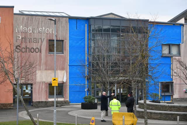 Inspections continue at Maddiston Primary School which will now be closed until at leas August. Pic: Michael Gillen