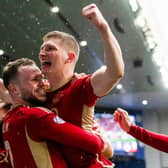 Aberdeen's Jack Mckenzie celebrates after scoring to make it 3-1 over Rangers at Ibrox. (Photo by Sammy Turner / SNS Group)