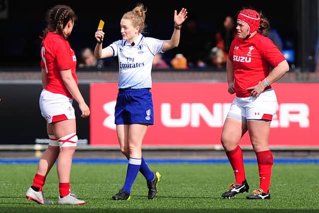 Scottish referee Hollie Davidson in action during a Women's Six Nations match between Wales and Ireland.