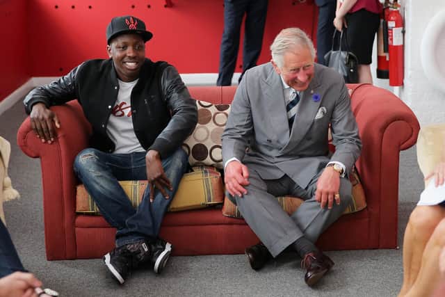 Prince of Wales on a sofa with Jamal Edwards during a live session at the launch of the Prince's Trust Summer Sessions at the Princes's Trust in Historic Chatham Dockyard in Chatham, Kent. British entrepreneur Jamal Edwards has died at the age of 31, according to the BBC. Picture: PA