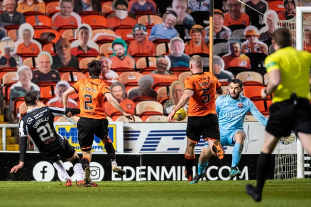 Dylan Connolly scores in St Mirren's 5-1 win over Dundee United.