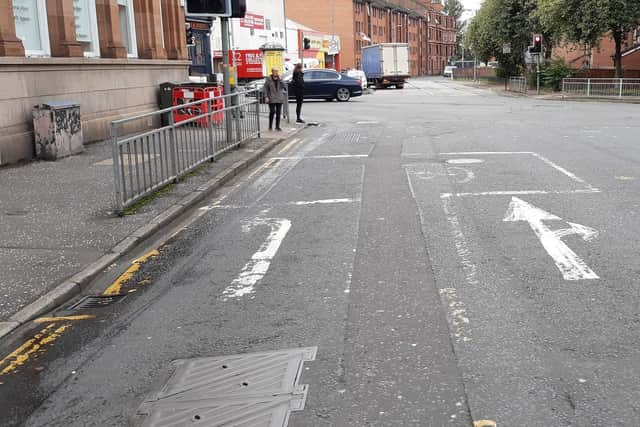 Faded markings at an advanced stop line for cyclists at a busy junction in Glasgow. Picture: The Scotsman