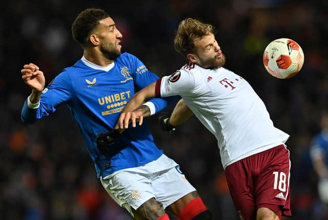Rangers' English defender Connor Goldson (L) vies with Sparta Praha's Czech striker Matej Pulkrab during the UEFA Europa League Group A football match between Rangers and Sparta Prague at the Ibrox Stadium in Glasgow on November 25, 2021. (Photo by Paul ELLIS / POOL / AFP) (Photo by PAUL ELLIS/POOL/AFP via Getty Images)