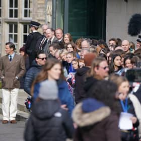 Ed McVey, playing the part of Prince William and Dominic West playing the part of Prince of Wales as they film scenes for the next season of The Crown in St Andrews, Scotland.