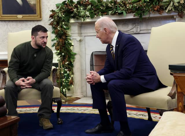 Joe Biden, seen with Ukrainian President Volodymyr Zelensky in the White House, has pledged to 'stick with Ukraine, as long as it takes' (Picture: Alex Wong/Getty Images)